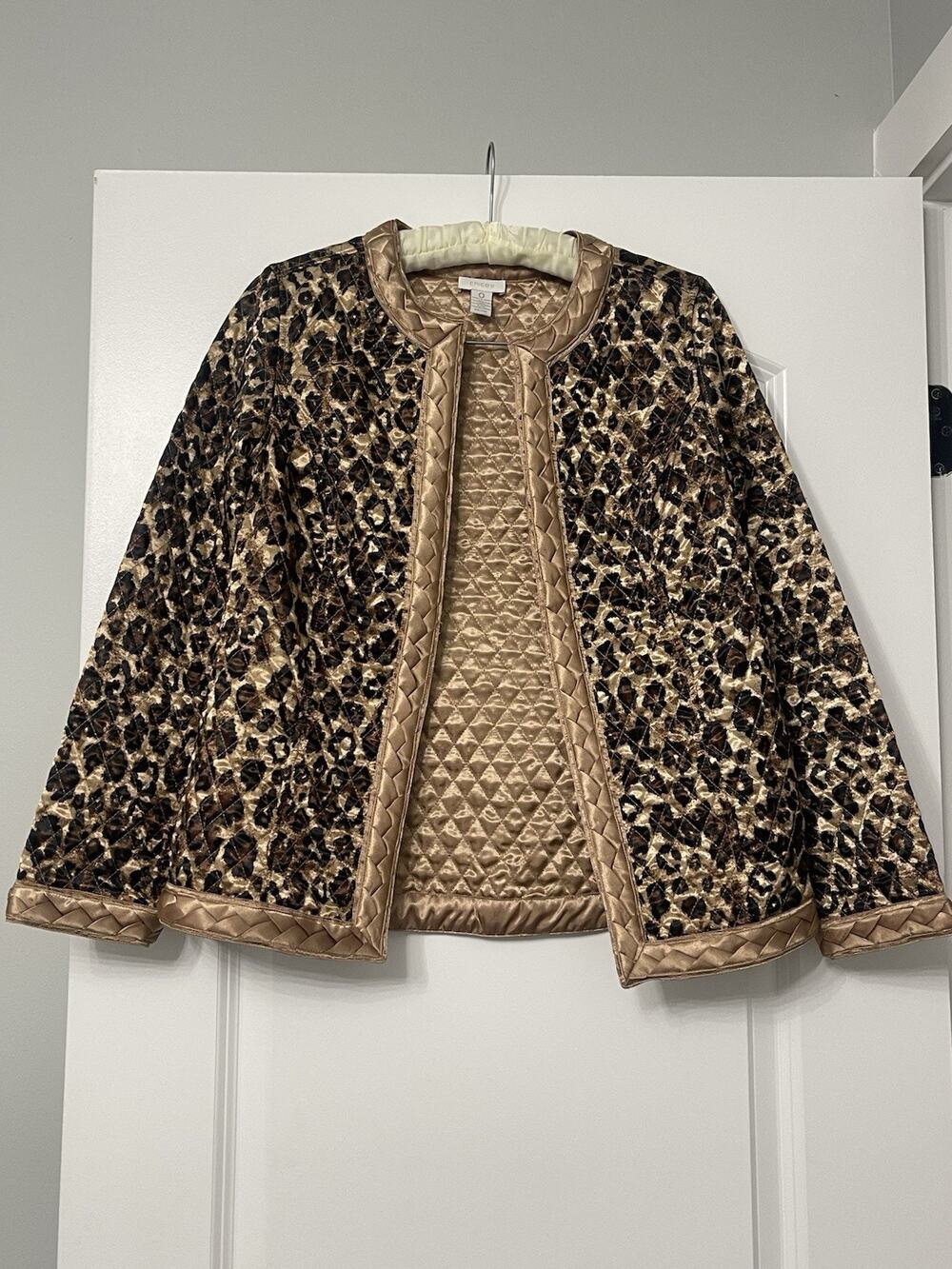 Chico's Quilted Leopard Jacket Sz 0 S Gold Brown Open Front Coat